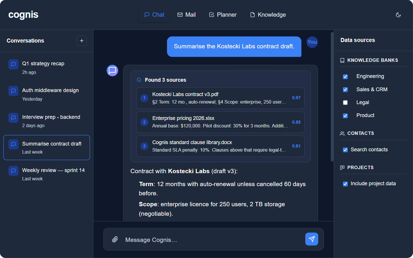 Cognis screenshot - chat panel with AI assistant, document preview and knowledge base